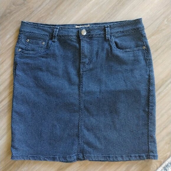 💙💙EARL JEAN DENIM SKIRT DARK BLUE W/ WHITE POLKA DOTS ZIP FRONT - Picture 1 of 7